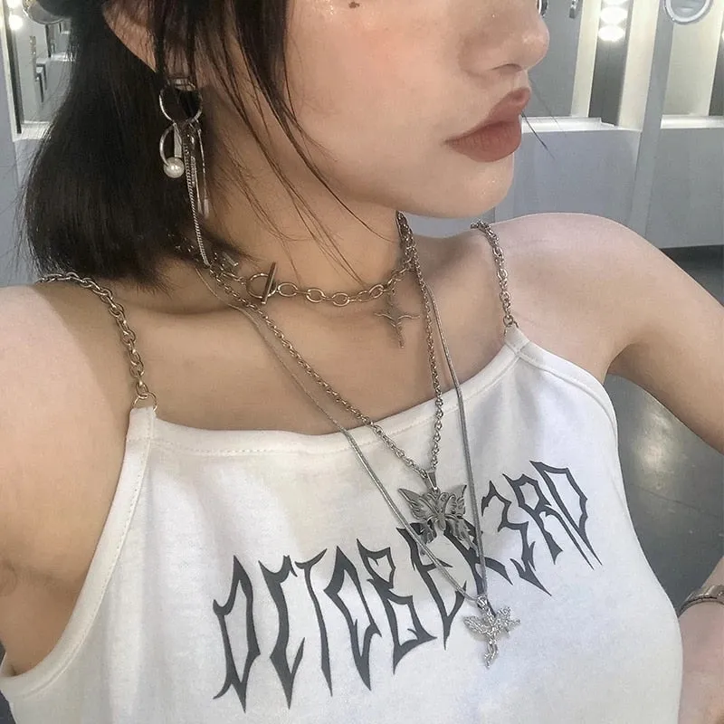 Layer Butterfly Cross Angel Pendant Grunge Metal Chain Necklace
