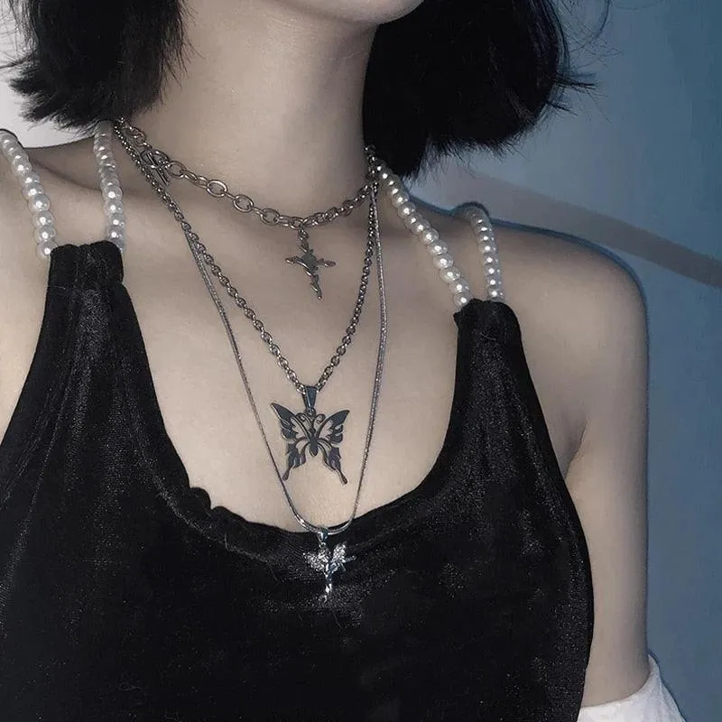 Layer Butterfly Cross Angel Pendant Grunge Metal Chain Necklace