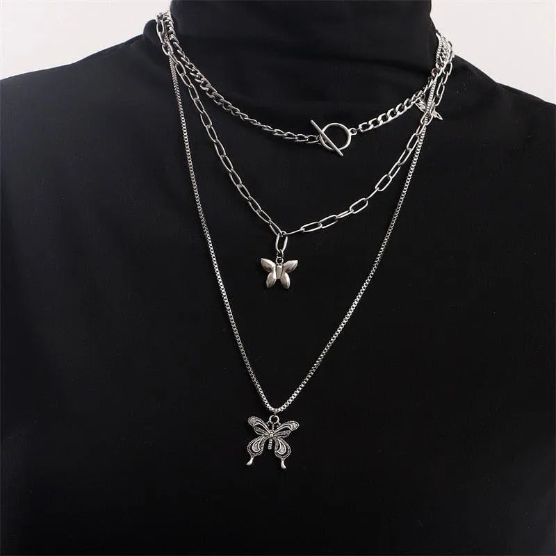 Layer Butterfly Cross Angel Pendant Grunge Metal Chain Necklace