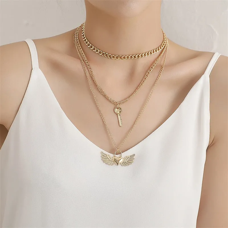 Layer Butterfly Cross Angel Pendant Grunge Metal Chain Necklace