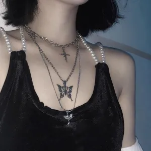 Layer Butterfly Cross Angel Pendant Grunge Metal Chain Necklace