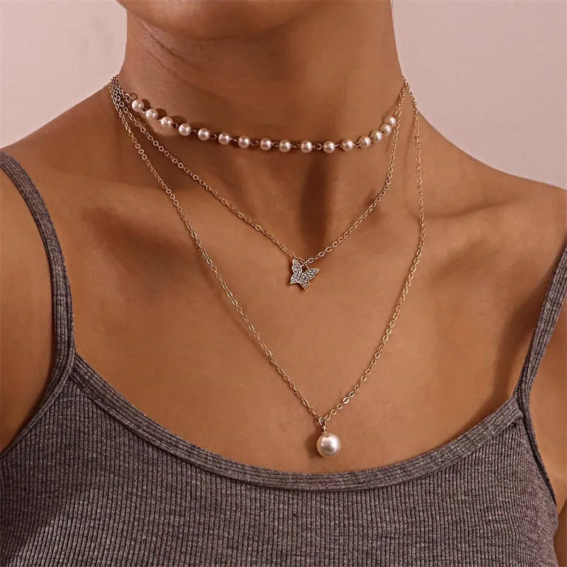 Layer Butterfly Cross Angel Pendant Grunge Metal Chain Necklace
