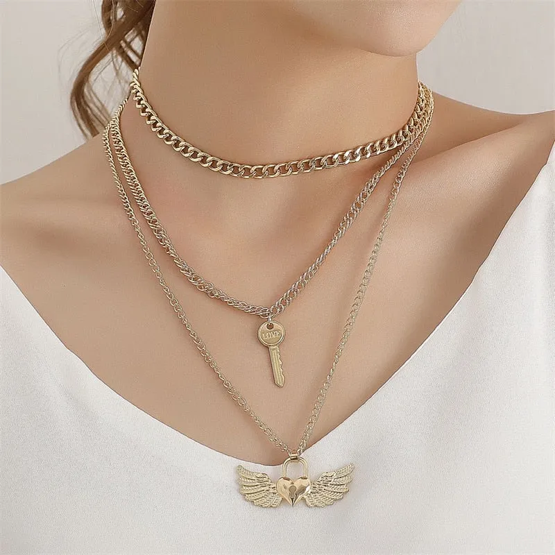 Layer Butterfly Cross Angel Pendant Grunge Metal Chain Necklace