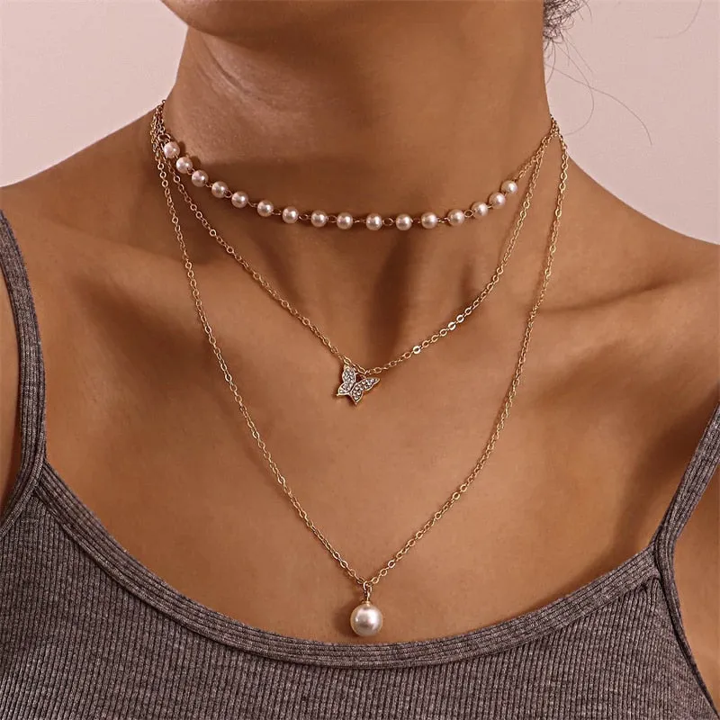Layer Butterfly Cross Angel Pendant Grunge Metal Chain Necklace