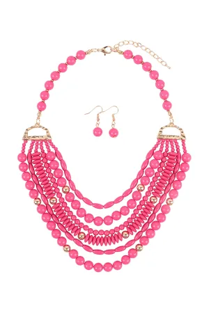 Layered Bib Bohemian Statement Necklace and Earrings Set Fuchsia - Pack of 6