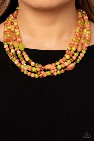 Layered Lass - Multi - Peach, Green, Brown Milky Bead Tiered Paparazzi Short Necklace