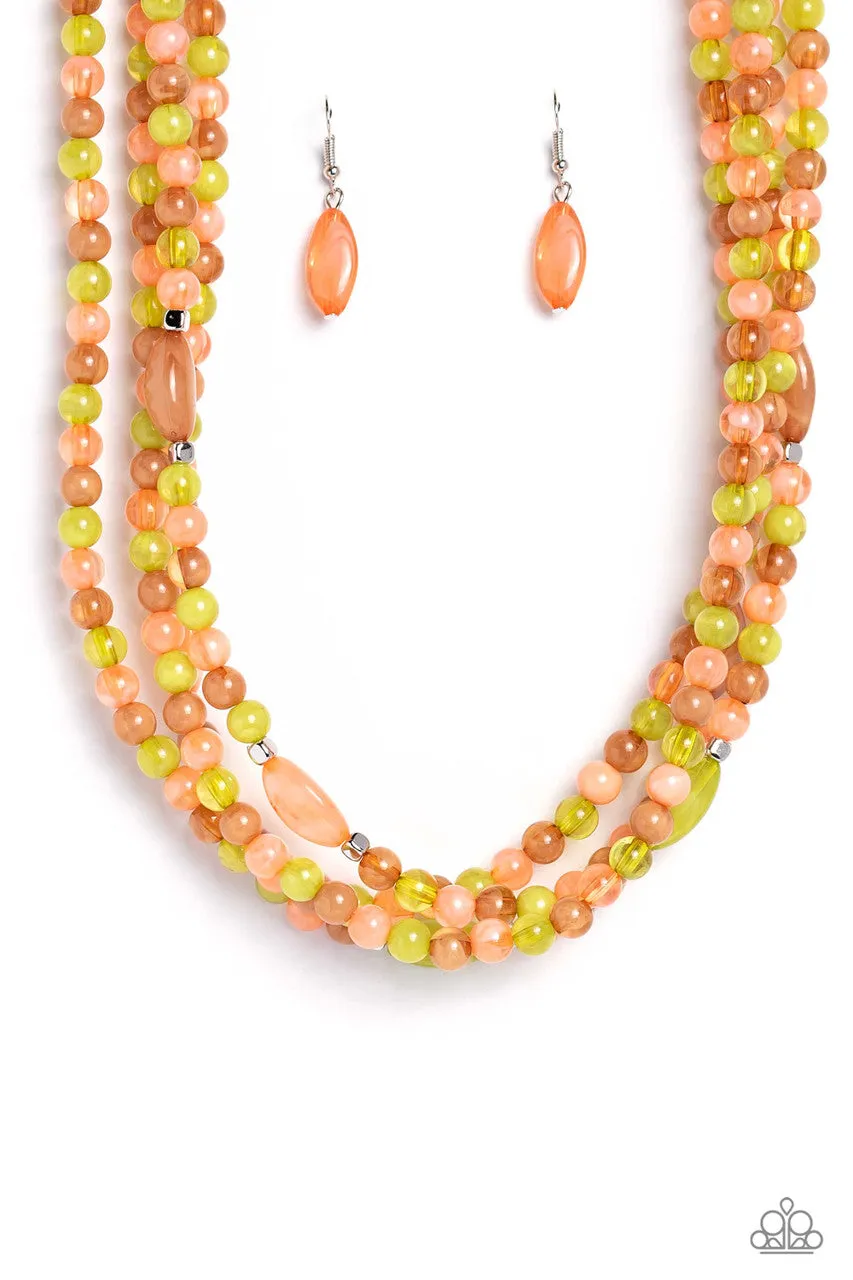 Layered Lass - Multi - Peach, Green, Brown Milky Bead Tiered Paparazzi Short Necklace