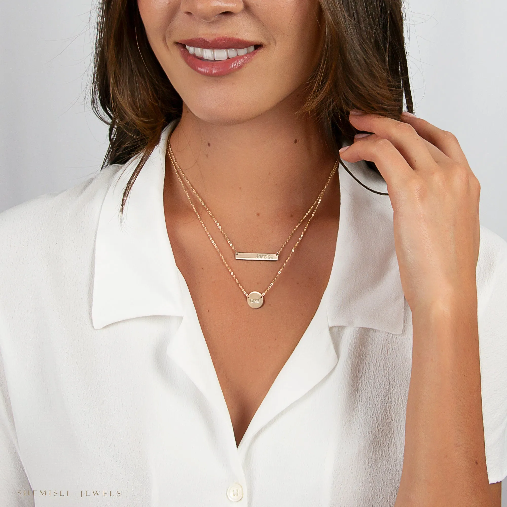 Layered necklace set with layering silver, gold bar and disc, dainty layered necklaces, Unisex, Gold Filled, Silver • lns003