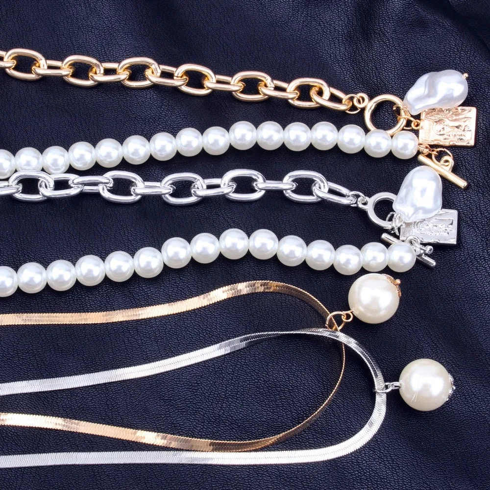 Layered Pearl Fashion Geometric Pendant Necklaces for Women