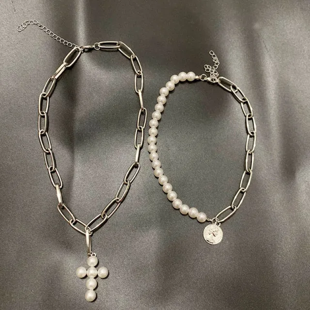 Layered Pearl Fashion Geometric Pendant Necklaces for Women