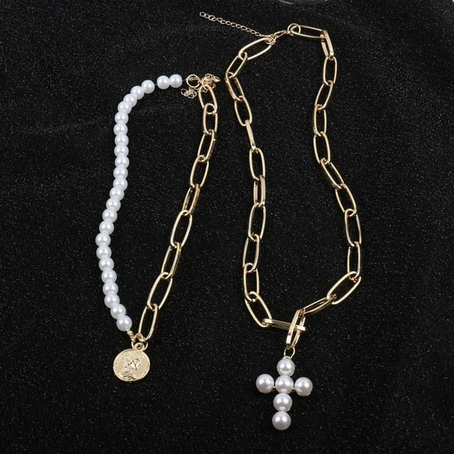 Layered Pearl Fashion Geometric Pendant Necklaces for Women