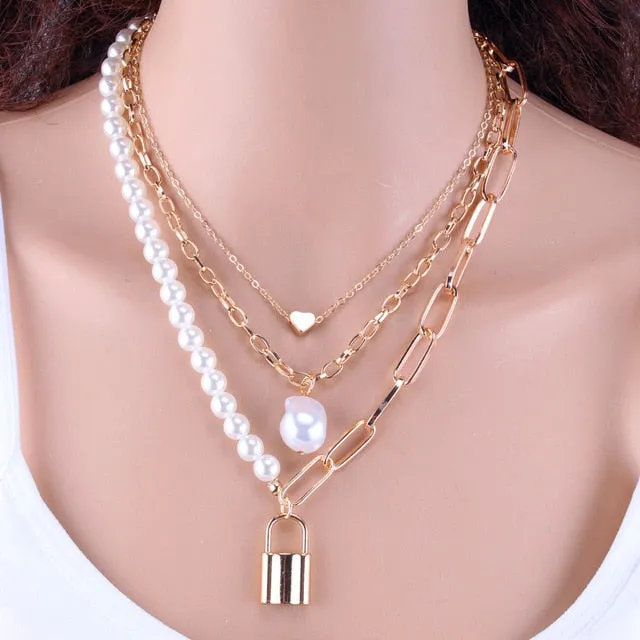 Layered Pearl Fashion Geometric Pendant Necklaces for Women