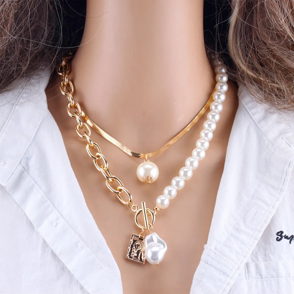 Layered Pearl Fashion Geometric Pendant Necklaces for Women