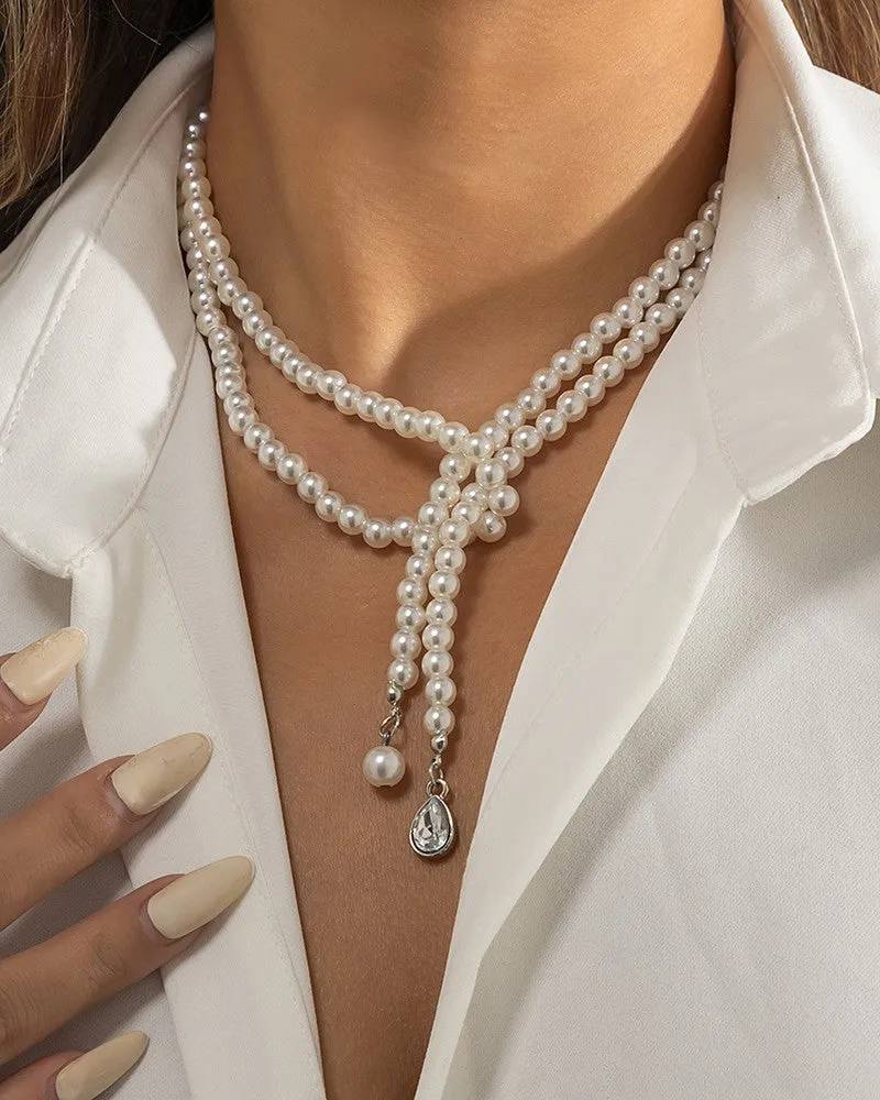 Layered Waterdrop Shaped Rhinestone Pearls Chain Necklace