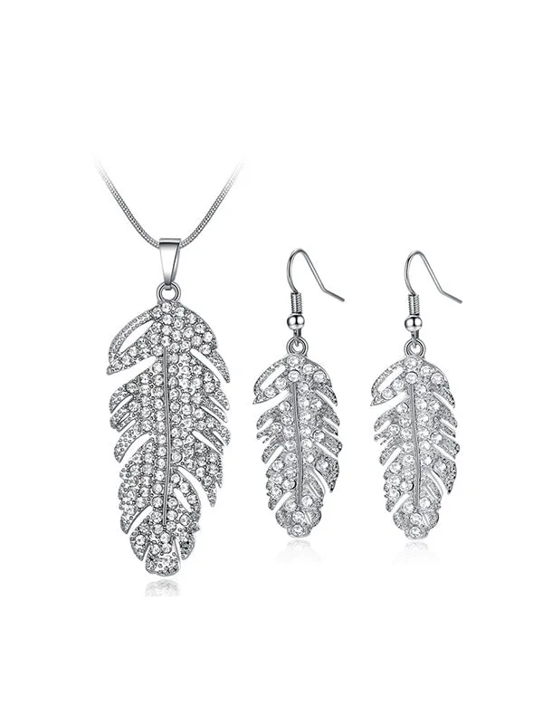 Leaf Pattern Rhinestone Necklace Earring Set