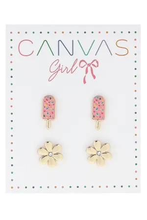 Lena Popsicle & Rhinestone Flower Children's Studs Set
