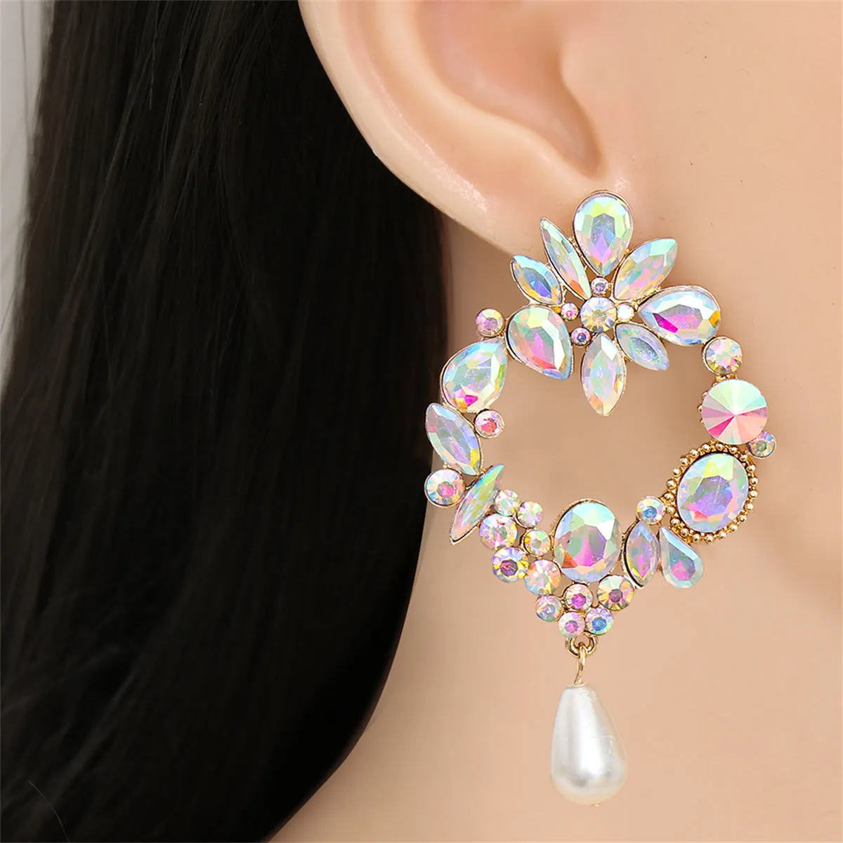 Light Colored Crystal & Cubic Zirconia Pearl Botany Drop Earrings