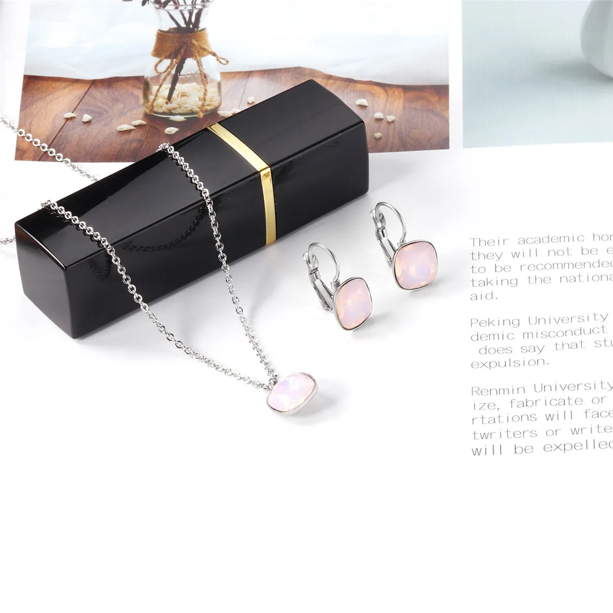 Light Pink Crystal & Silver-Plated Square Huggie Earring Set