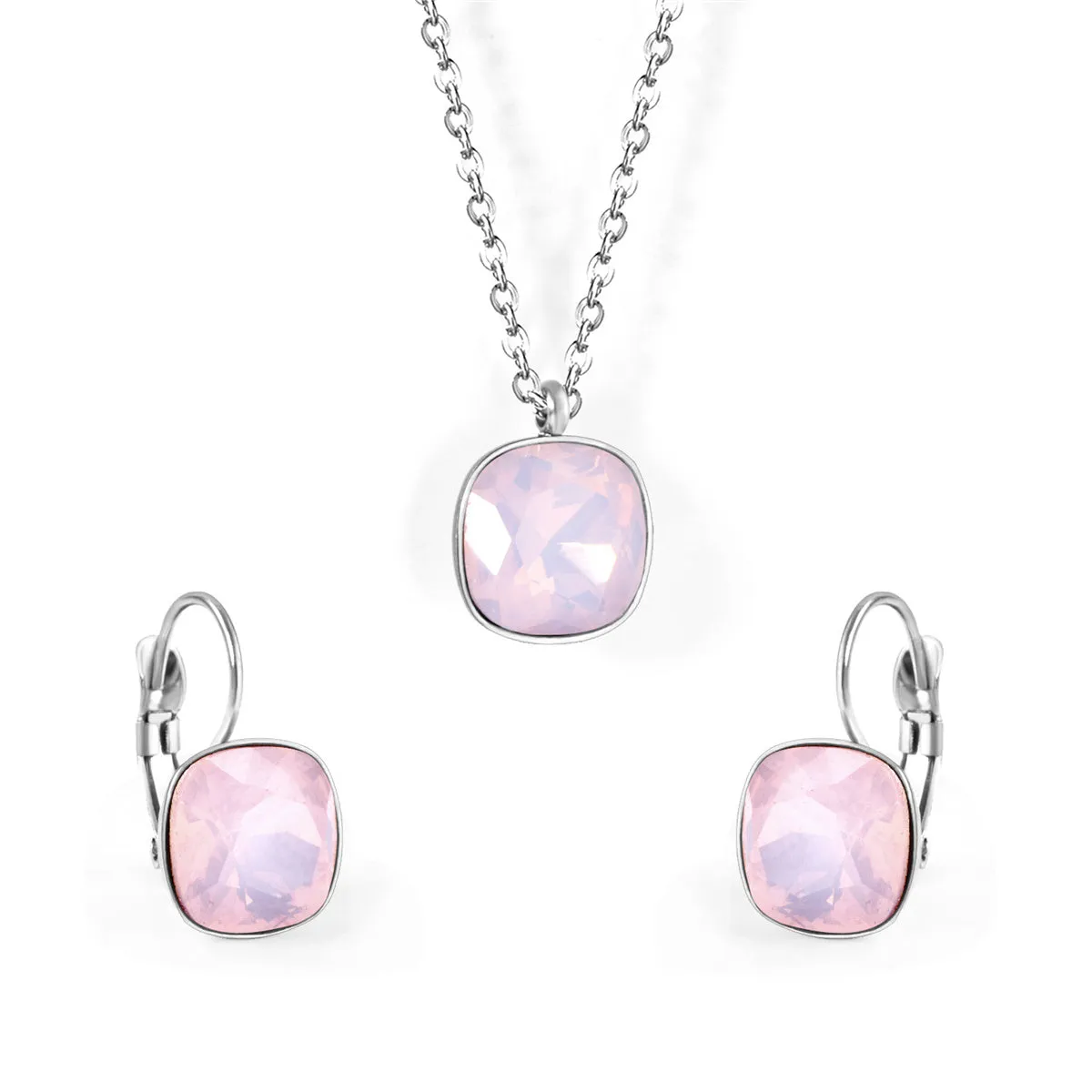 Light Pink Crystal & Silver-Plated Square Huggie Earring Set