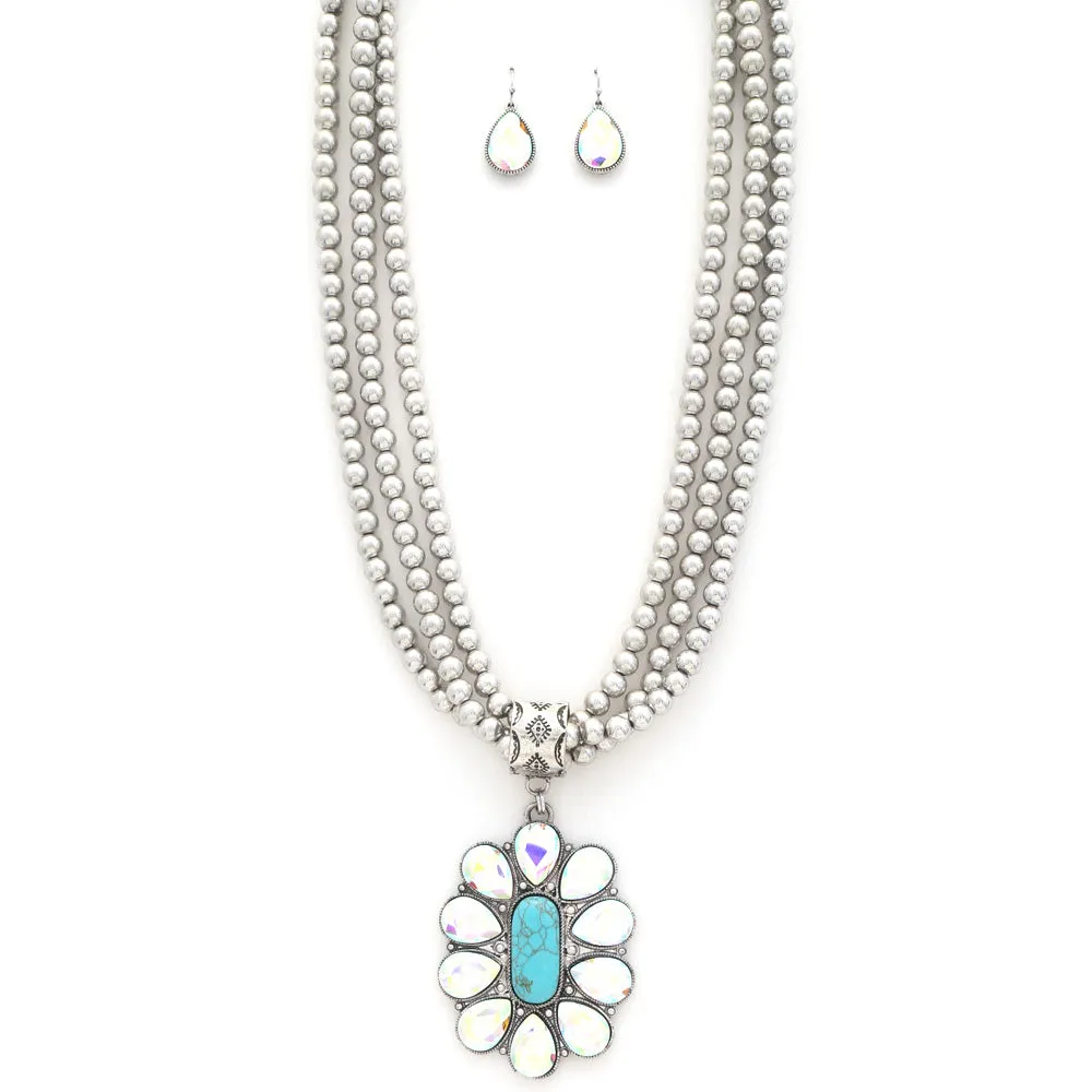 Lindale Fashion Turquoise Center Crystal Surround Necklace & Earrings