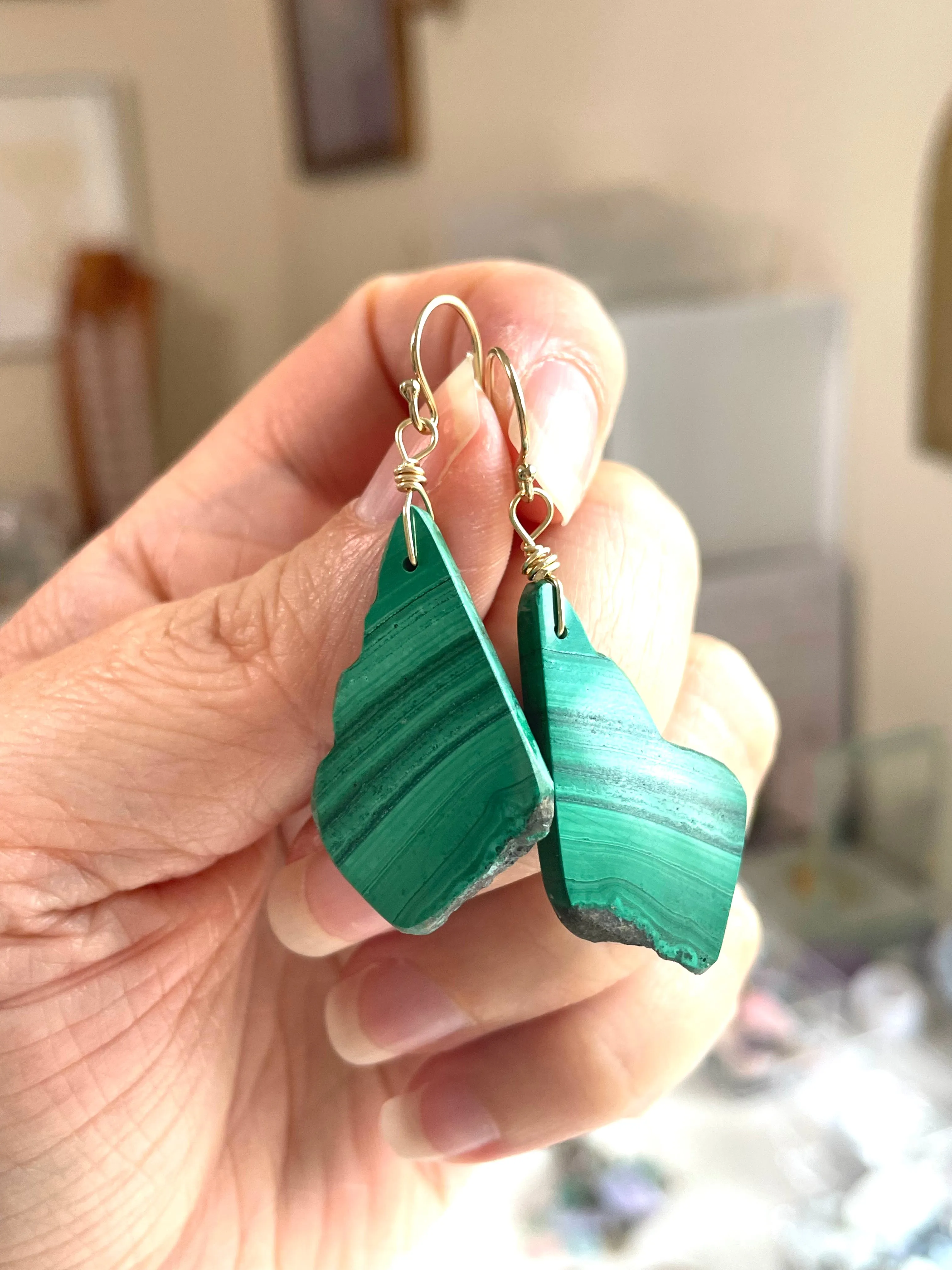 Long Malachite Crystal Dangle Earrings 14kt Gold Filled