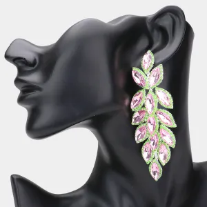 Long Pink & Green Crystal Marquise Leaf Stone Pageant Earrings   | Prom Earrings |  533191