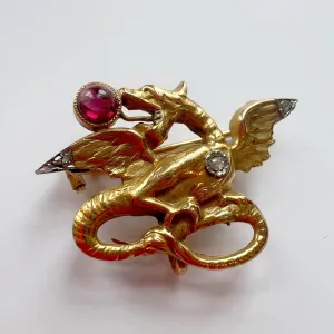 Magnificent French Antique 18K gold diamond tourmaline Chimera brooch