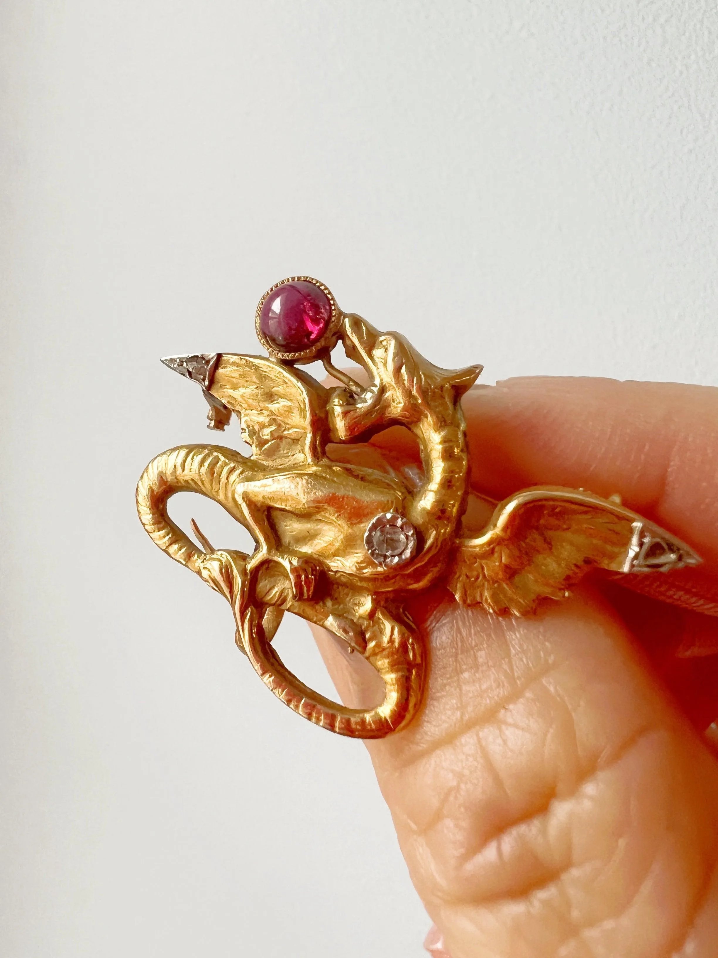 Magnificent French Antique 18K gold diamond tourmaline Chimera brooch