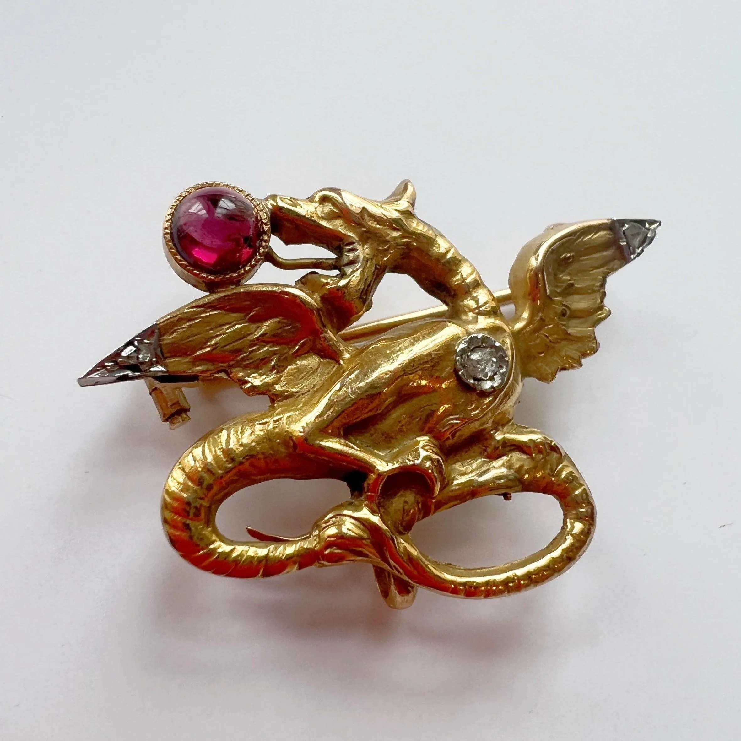 Magnificent French Antique 18K gold diamond tourmaline Chimera brooch
