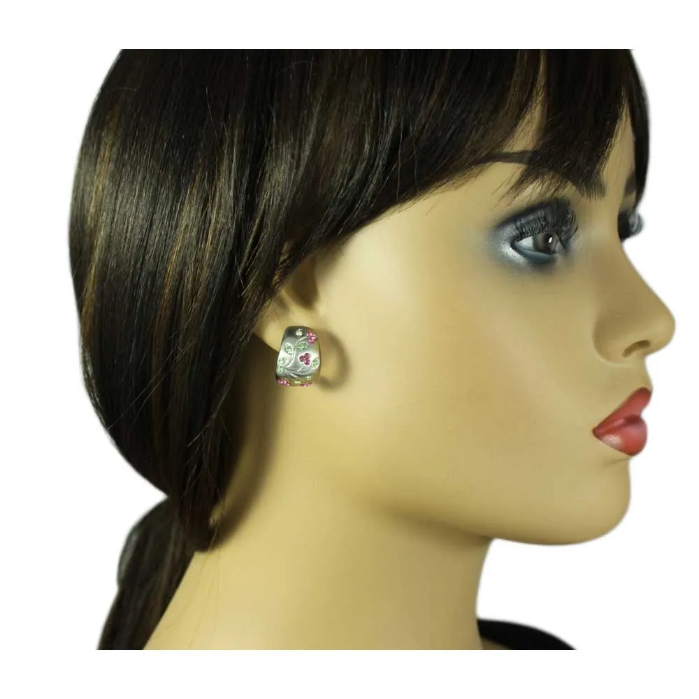 Matte Silver Pink and Light Green Flower Clip Earring - REC419