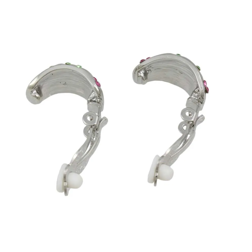 Matte Silver Pink and Light Green Flower Clip Earring - REC419