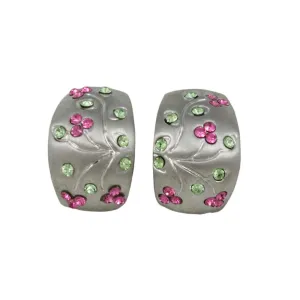 Matte Silver Pink and Light Green Flower Clip Earring - REC419