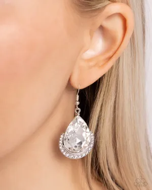 Mega Marvelous - White - Oversized Teardrop Gem Paparazzi Fishhook Earrings
