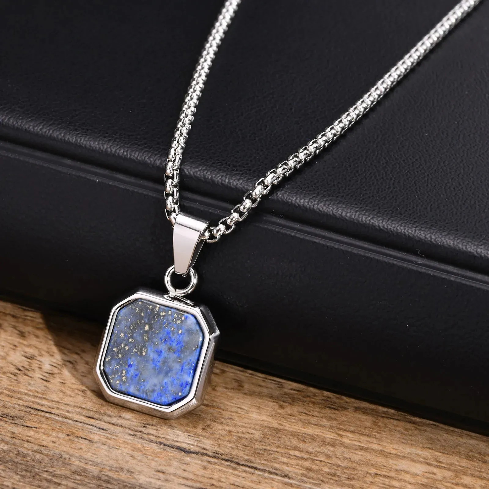 Men Stylish 15mm Square Black Stone Pendant Necklaces