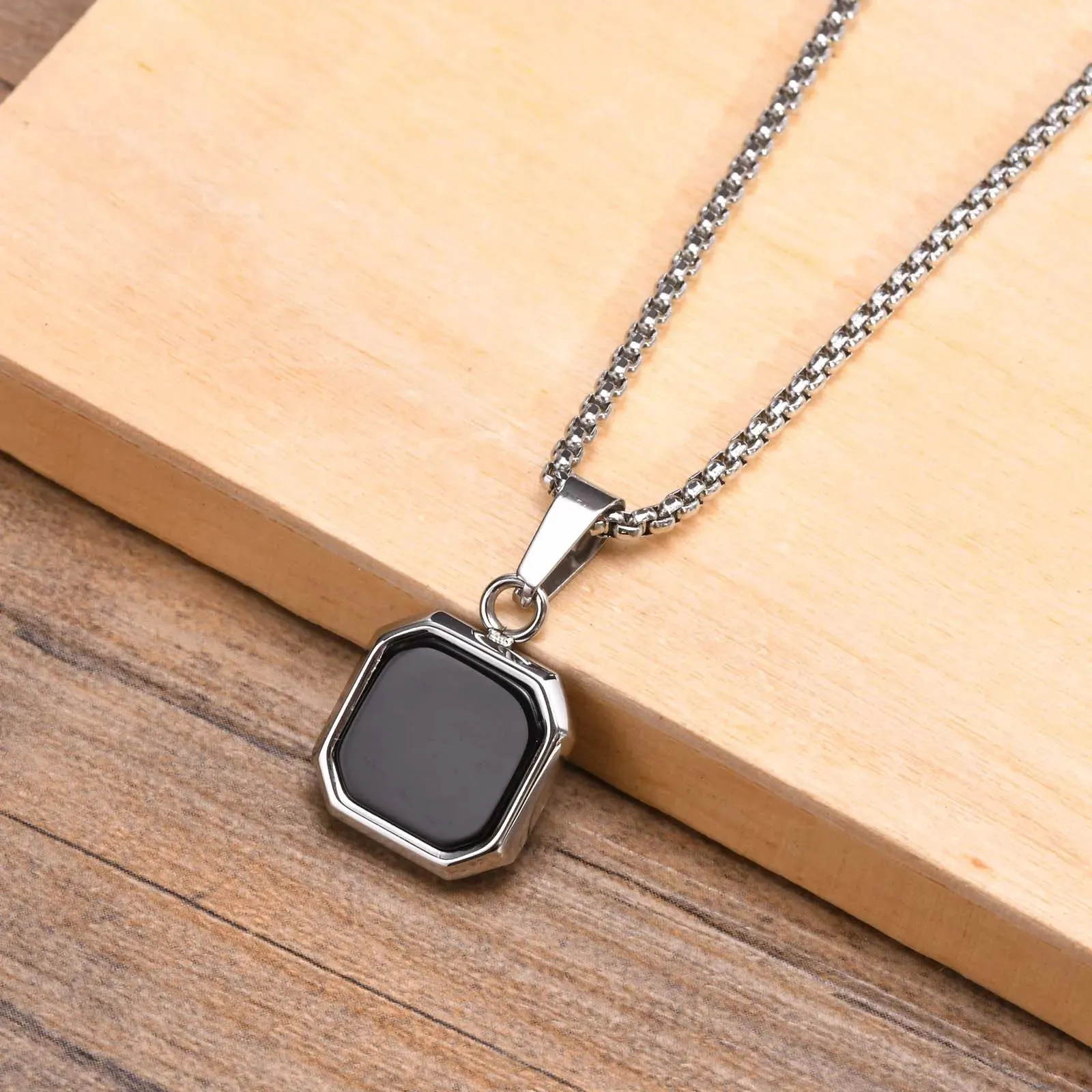 Men Stylish 15mm Square Black Stone Pendant Necklaces