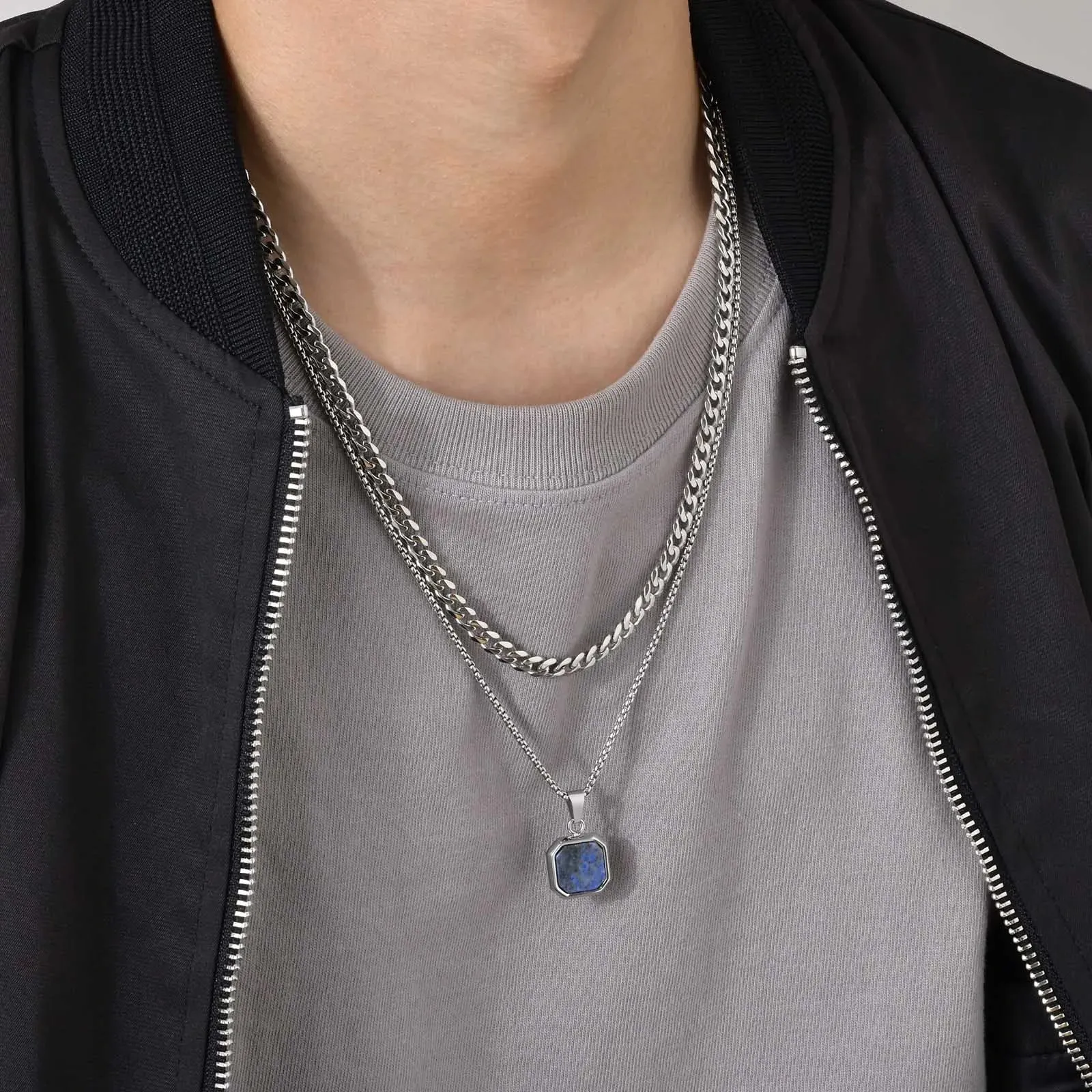 Men Stylish 15mm Square Black Stone Pendant Necklaces