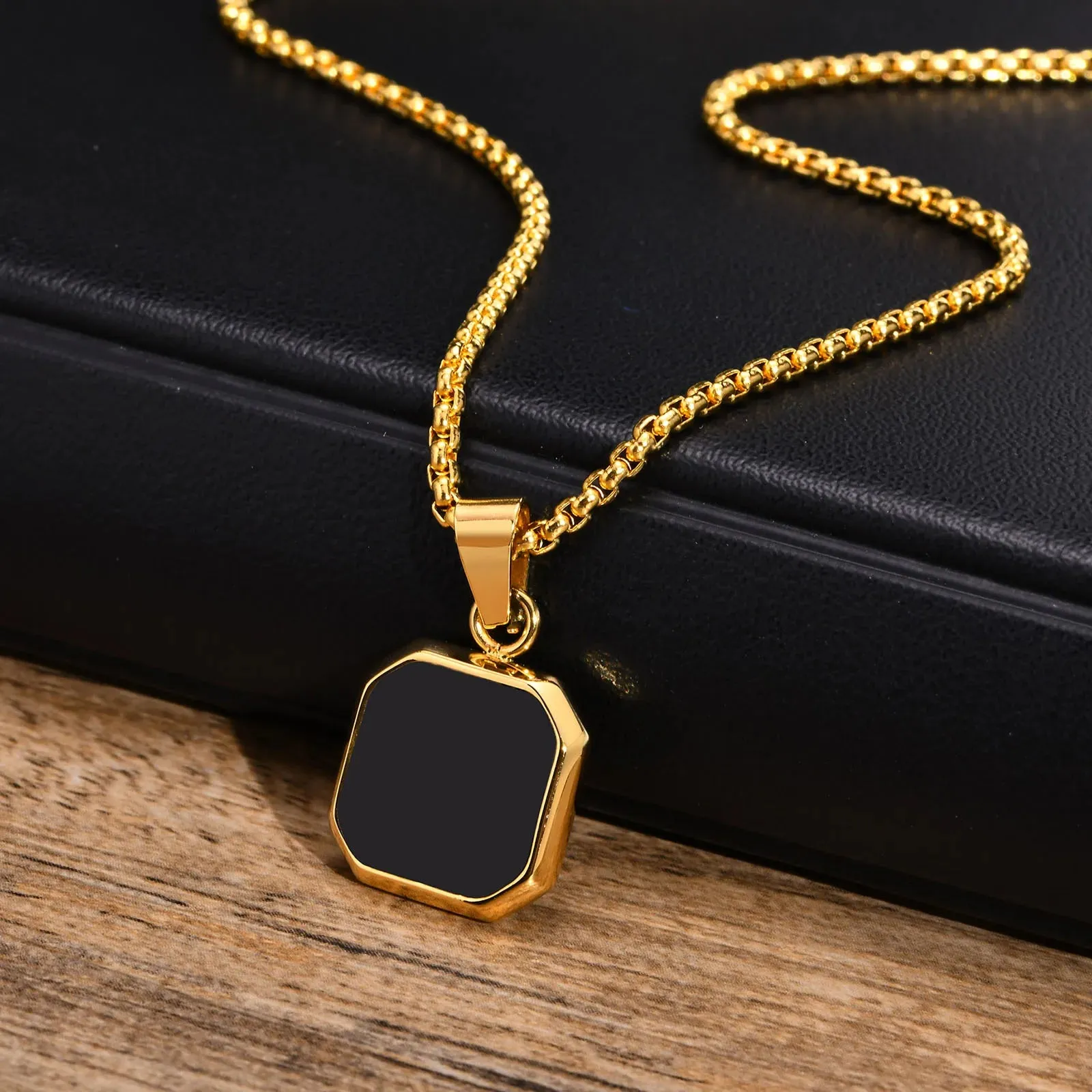 Men Stylish 15mm Square Black Stone Pendant Necklaces