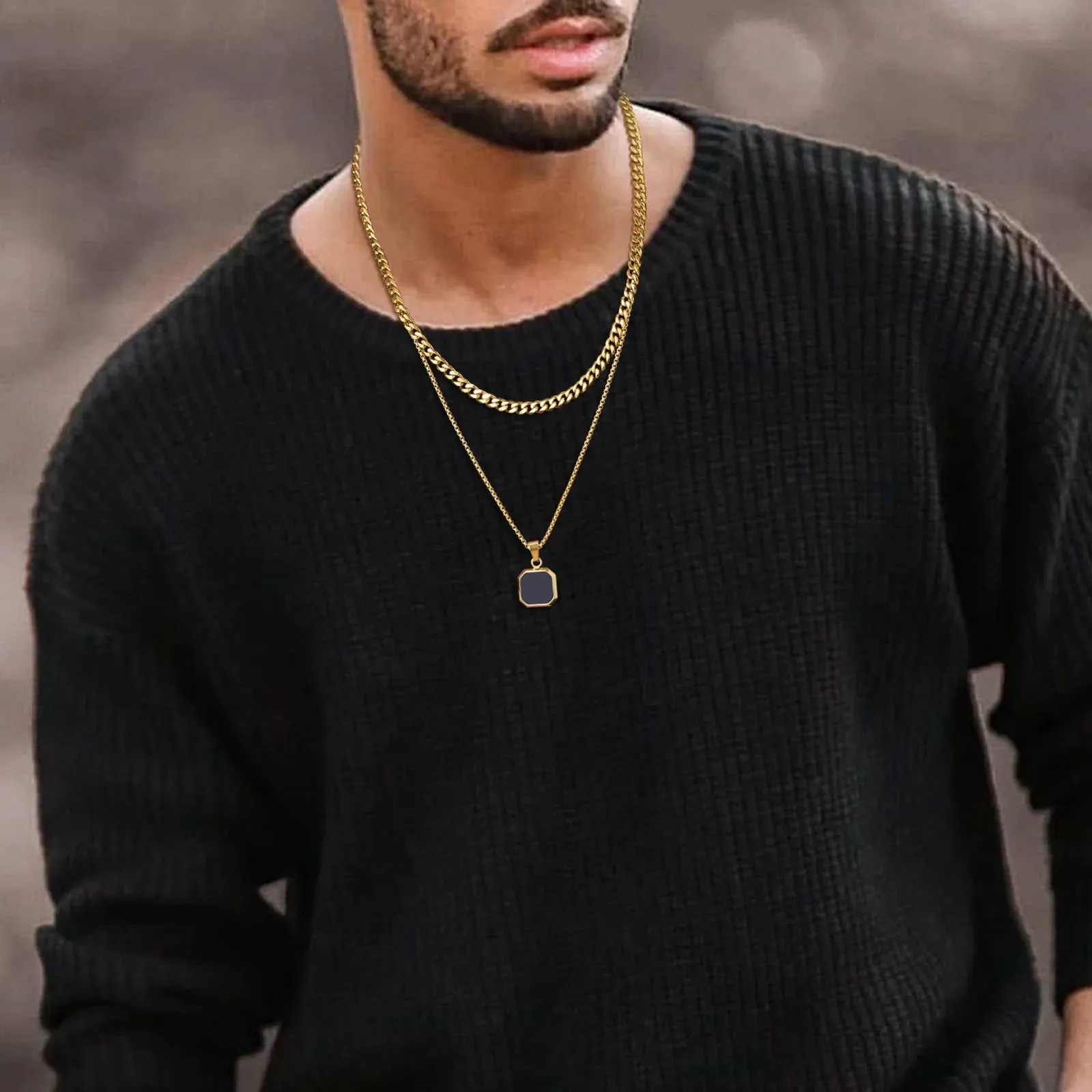 Men Stylish 15mm Square Black Stone Pendant Necklaces