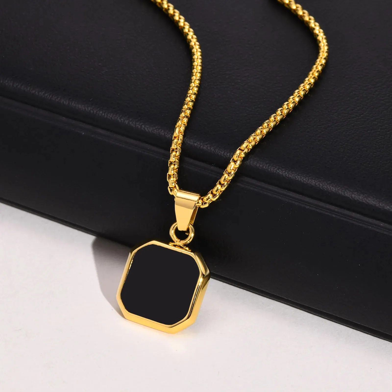 Men Stylish 15mm Square Black Stone Pendant Necklaces