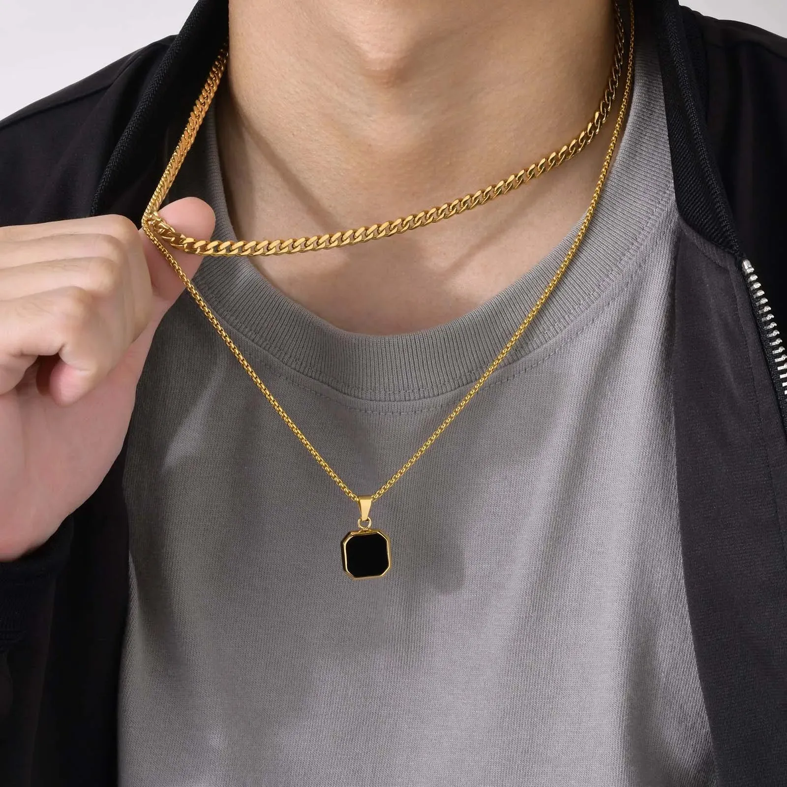 Men Stylish 15mm Square Black Stone Pendant Necklaces