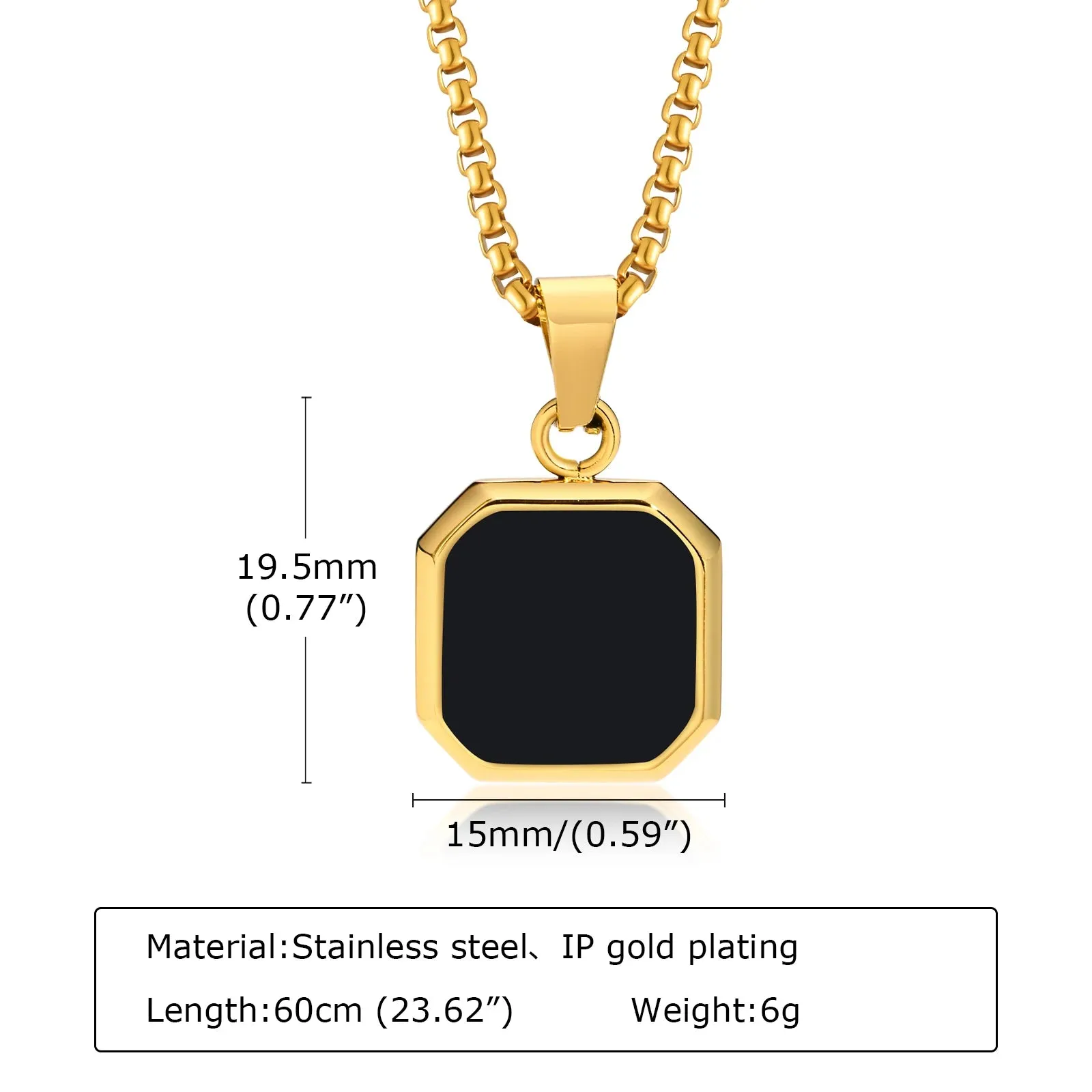 Men Stylish 15mm Square Black Stone Pendant Necklaces