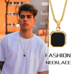 Men Stylish 15mm Square Black Stone Pendant Necklaces
