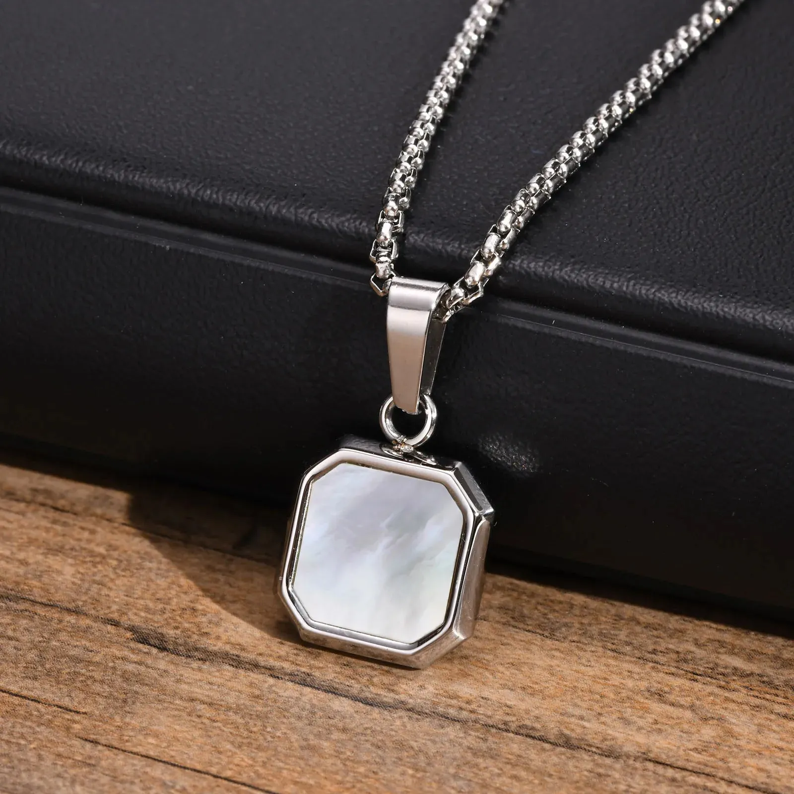 Men Stylish 15mm Square Black Stone Pendant Necklaces