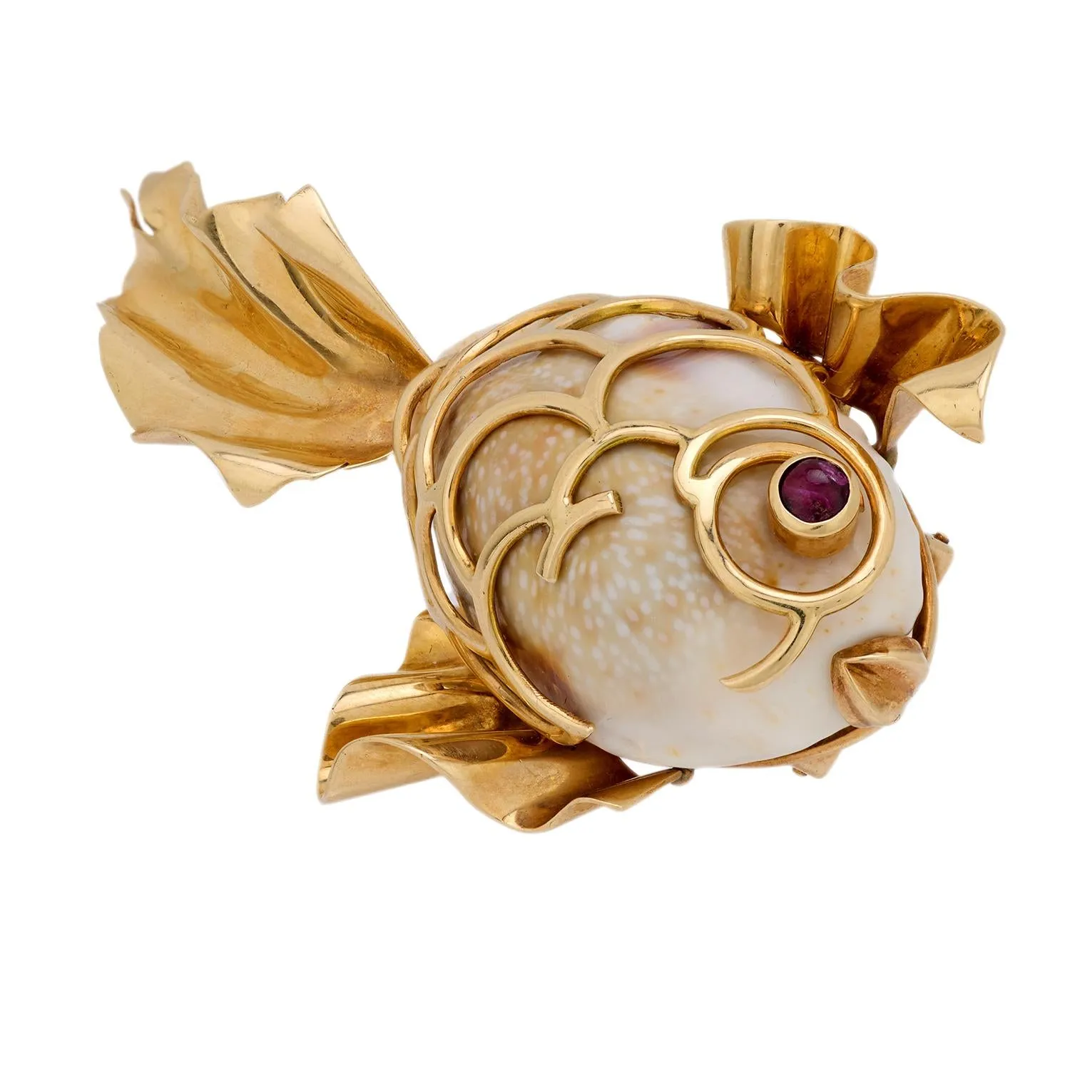 Mid Century cowrie shell ruby 14k yellow gold fish brooch