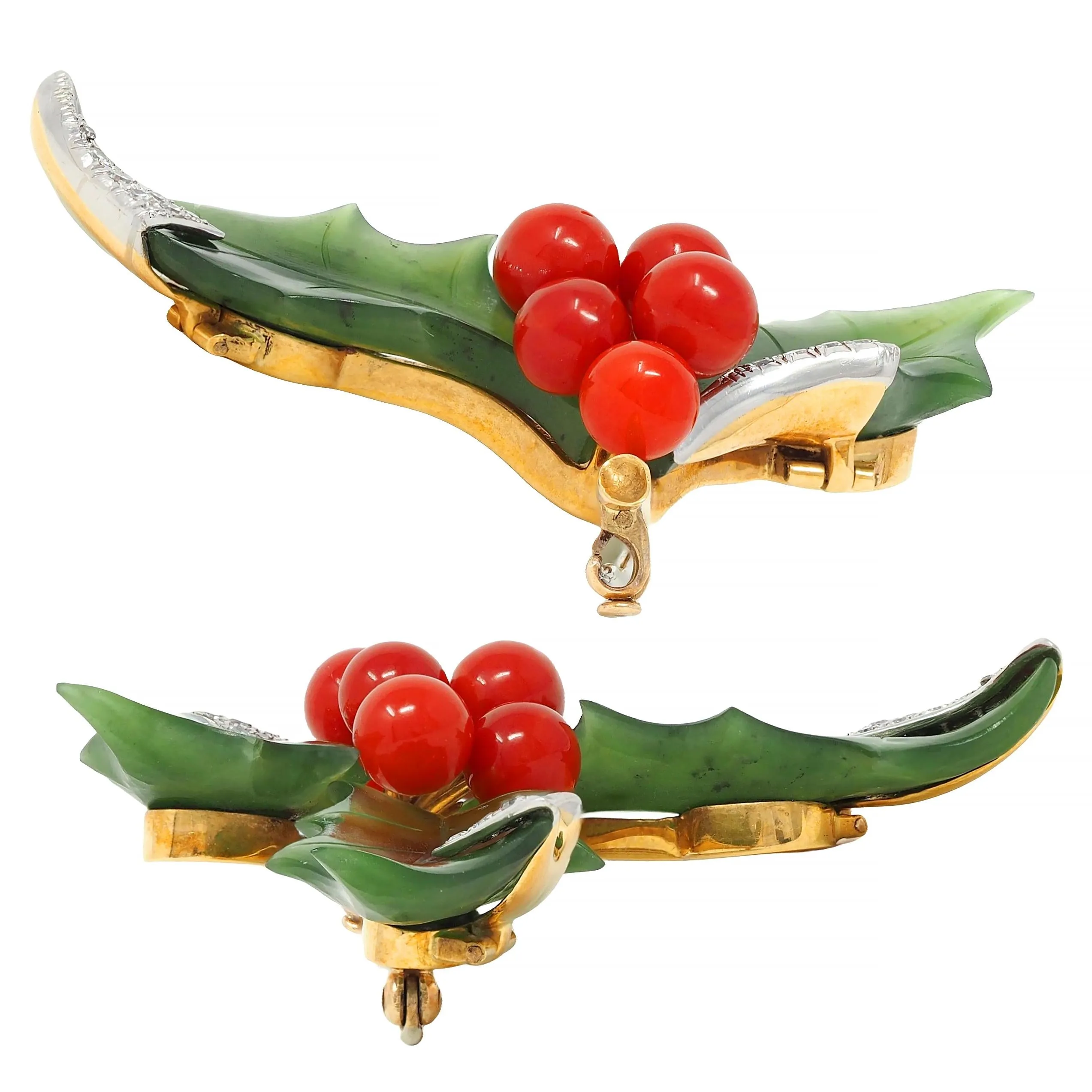 Mid-Century Diamond Nephrite Jade Carnelian Platinum 14 Karat Gold Vintage Holly Brooch