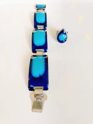 Midcentury Modernist Enamel Bracelet and Matching Ring