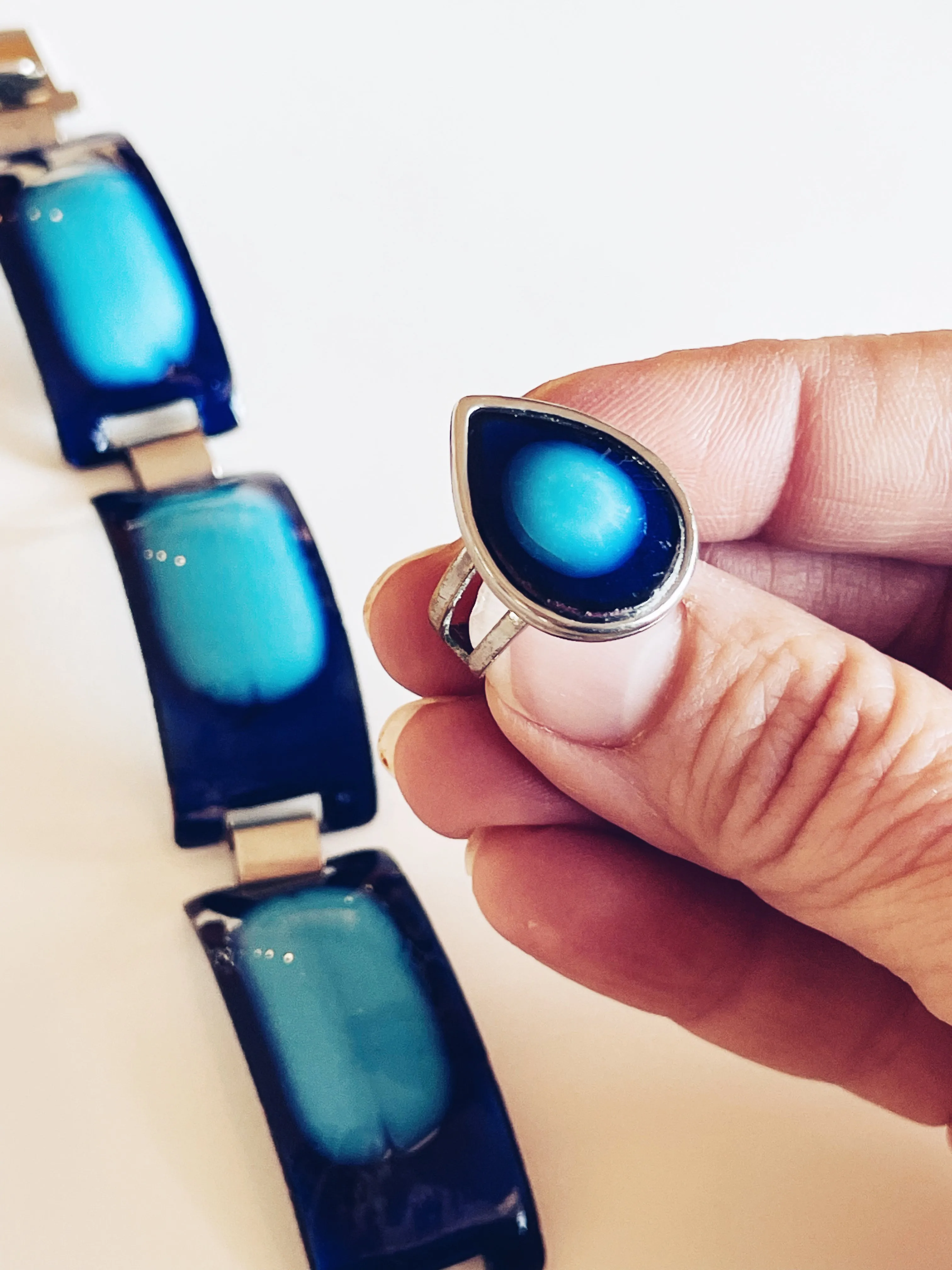 Midcentury Modernist Enamel Bracelet and Matching Ring