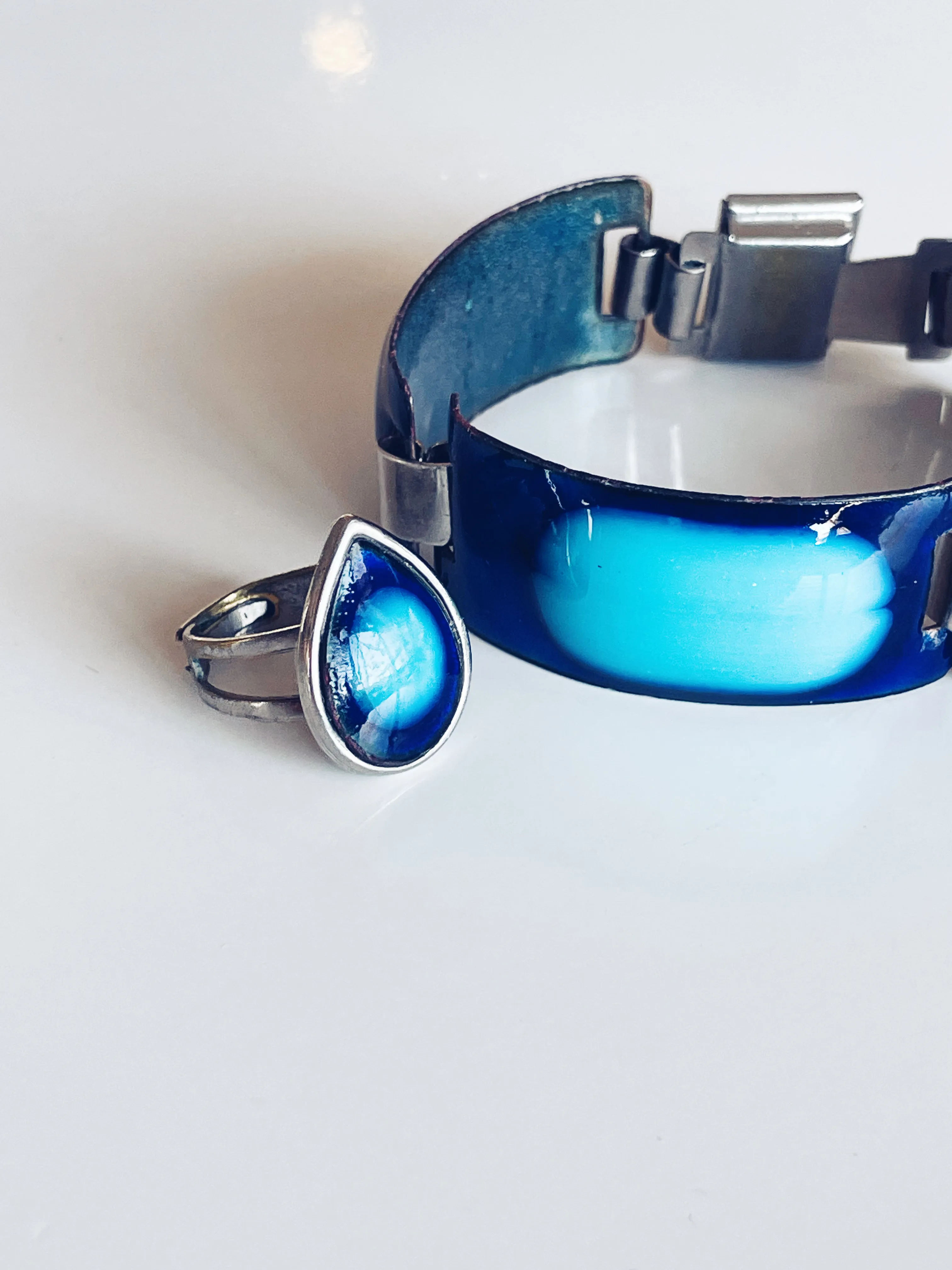 Midcentury Modernist Enamel Bracelet and Matching Ring