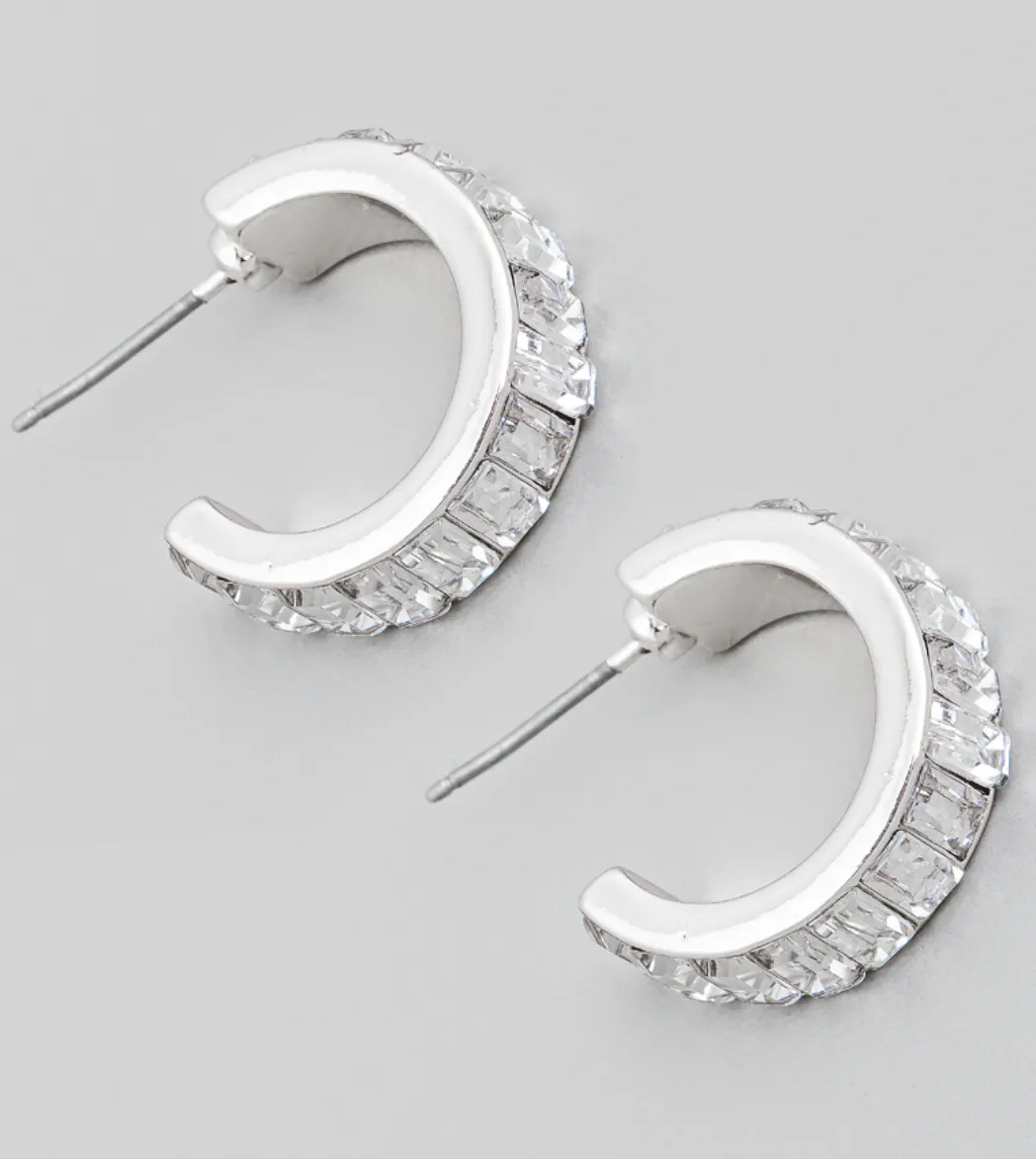 Mini Baguette Rhinestone Hoop Earrings