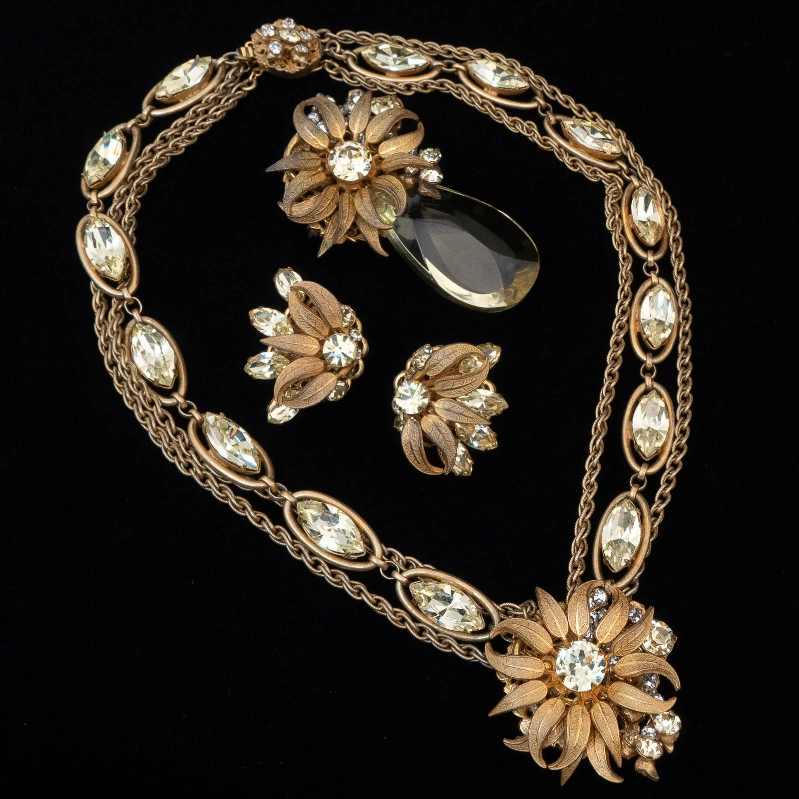 Miriam Haskell Yellow Rhinestone Flower Earrings